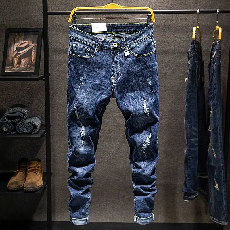 Men Ripped Worn-out Slim-fit Cotton Denim Pants