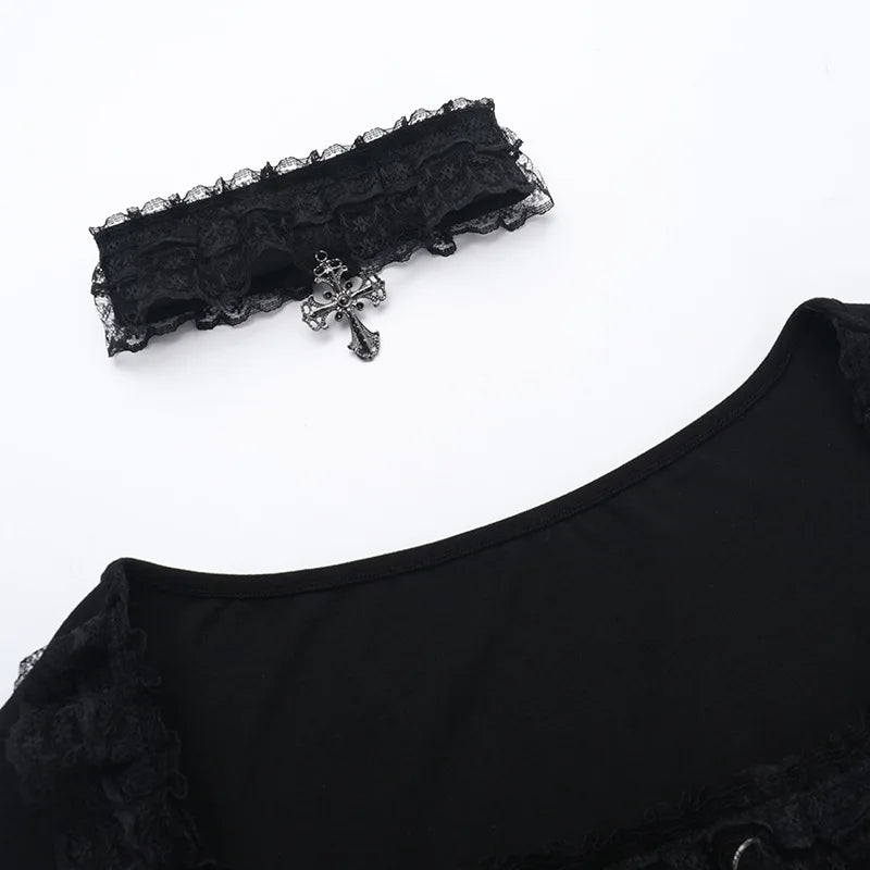 Goth Black Lace Trim Long Sleeve T-Shirts Vintage Sexy.