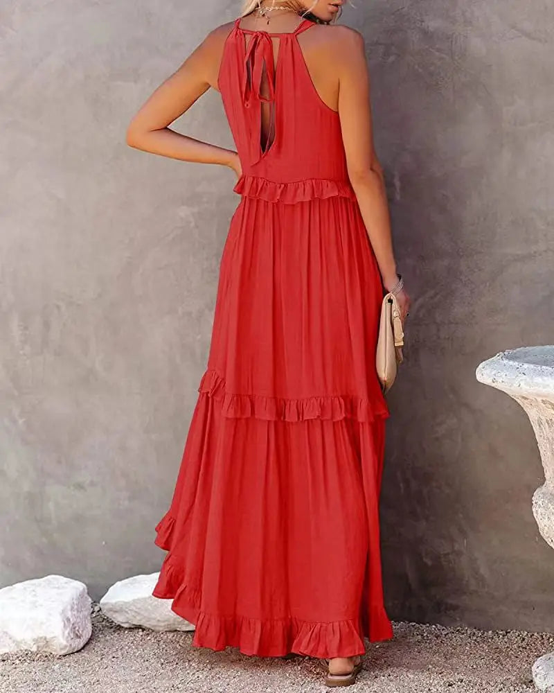 Women Casual Solid Ruffles Long Dress