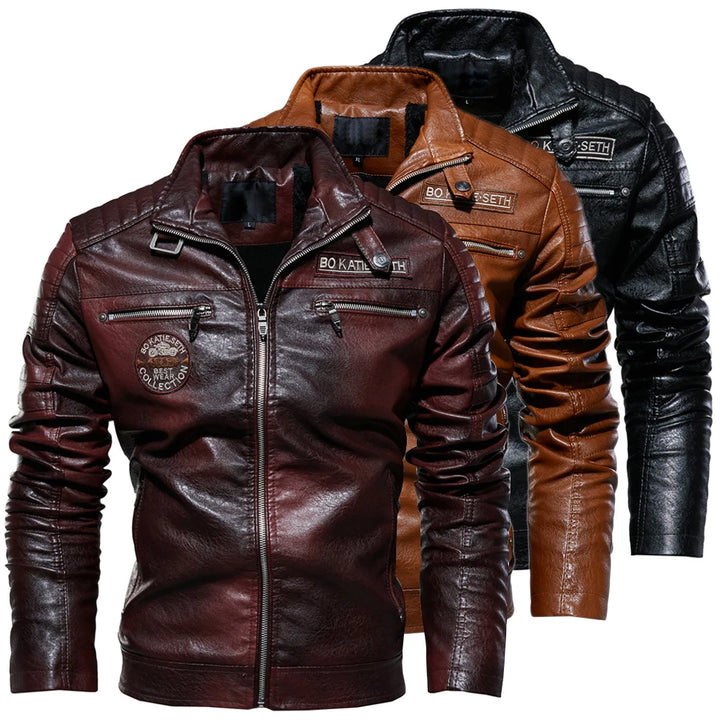 Leather Jacket Men Winter Fleece Motorcycle Faux