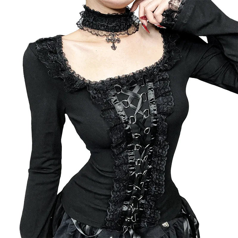 Goth Black Lace Trim Long Sleeve T-Shirts Vintage Sexy.