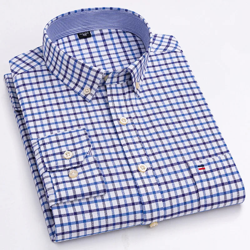 Long Sleeve Plaid Oxford Casual Solid Shirt
