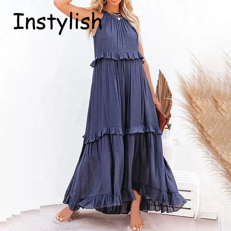 Women Casual Solid Ruffles Long Dress.