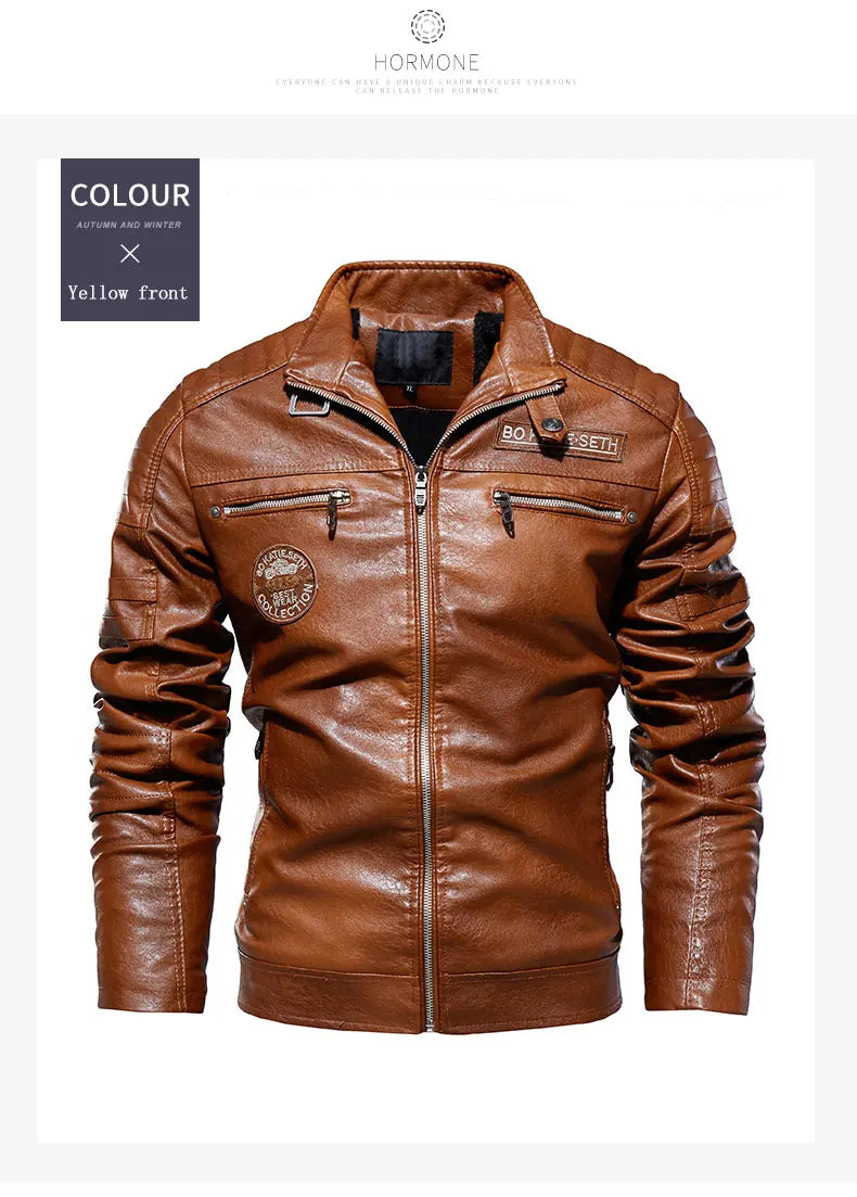 Leather Jacket Men Winter Fleece Motorcycle Faux
