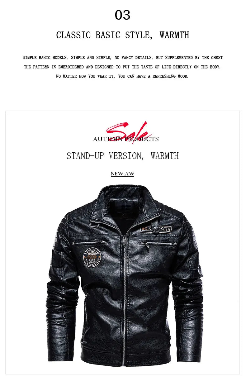 Leather Jacket Men Winter Fleece Motorcycle Faux