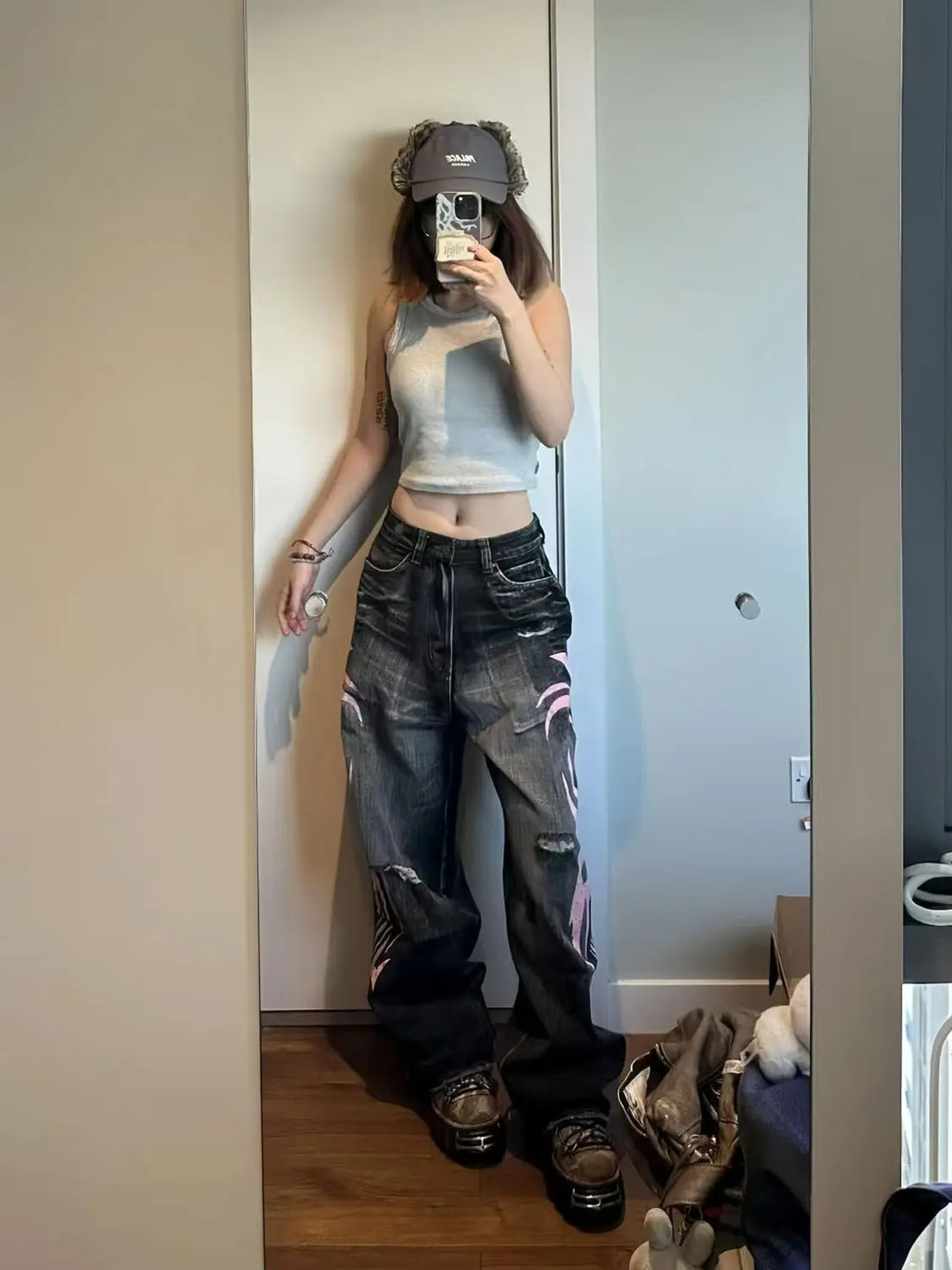 Mottled Totem Print Baggy Jeans Women's High Waist.