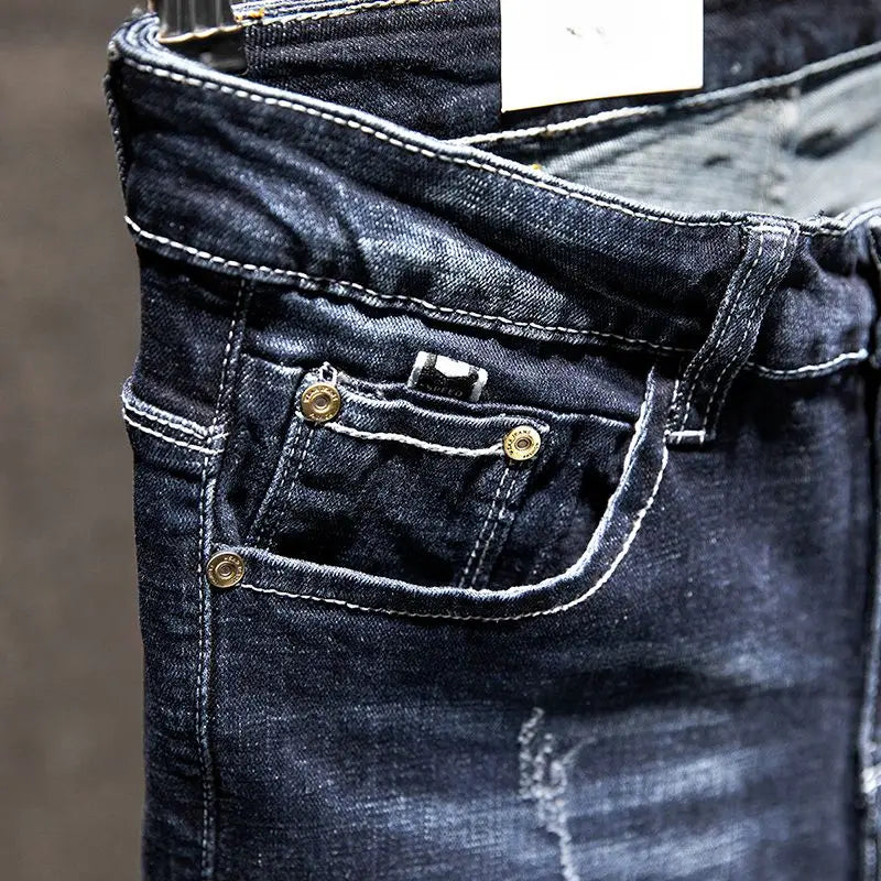 Men Ripped Worn-out Slim-fit Cotton Denim Pants