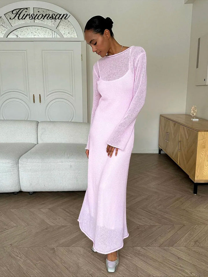 Hirsionsan Spring Autumn O-Neck Elastic Knit Long Dresses Women.