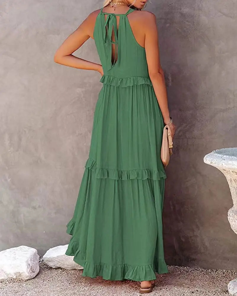 Women Casual Solid Ruffles Long Dress