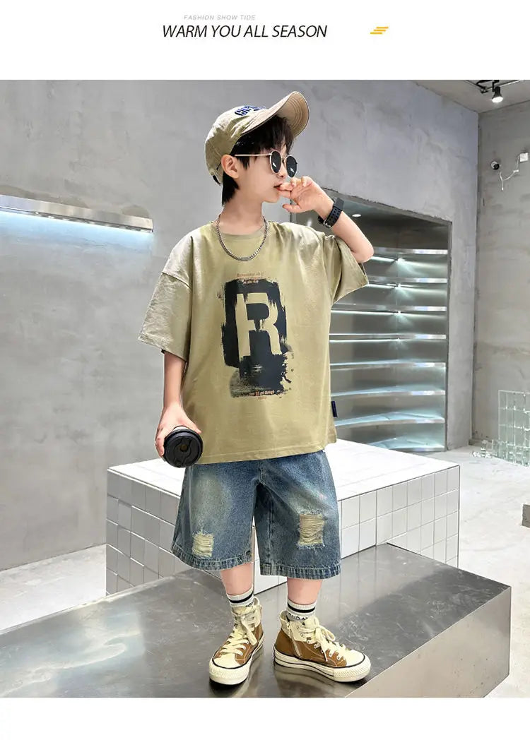 New Boys Fashion Summer 2pcs Cotton T-shirts+Denim Shorts.