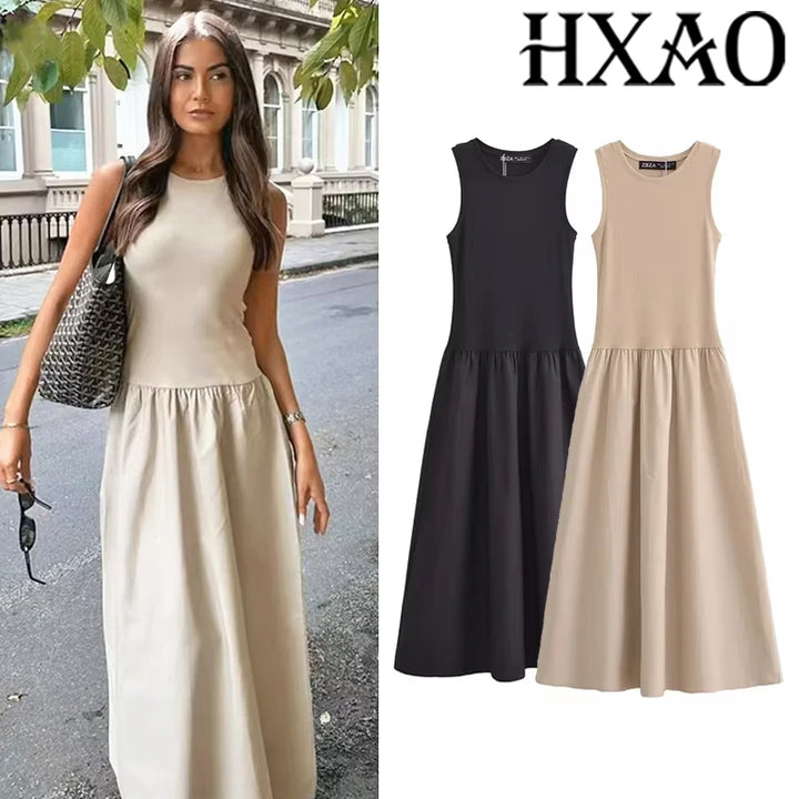 HXAO Khaki Elegant Long Dresses.