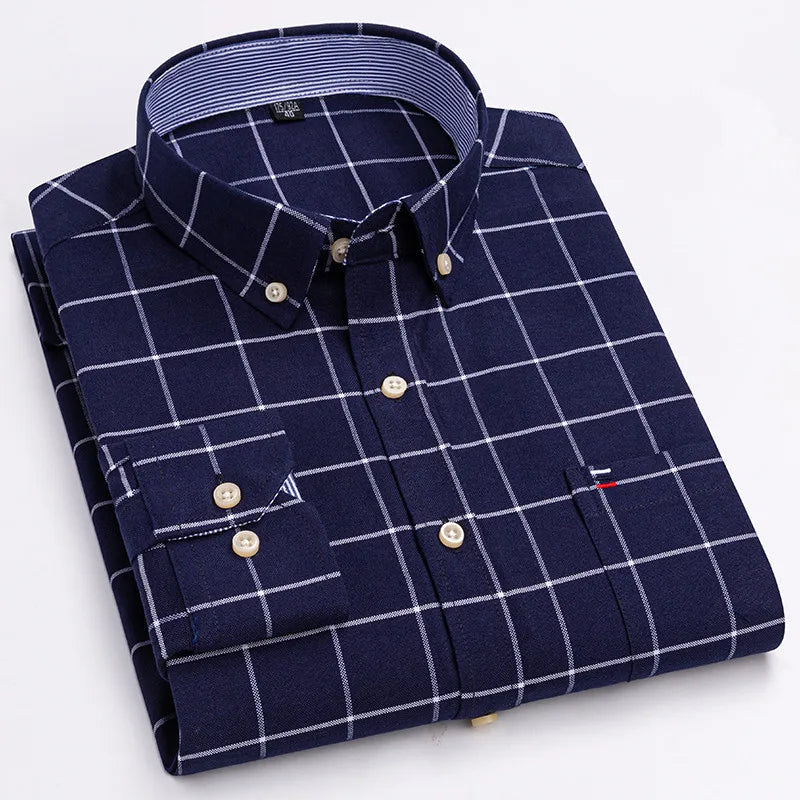 Long Sleeve Plaid Oxford Casual Solid Shirt