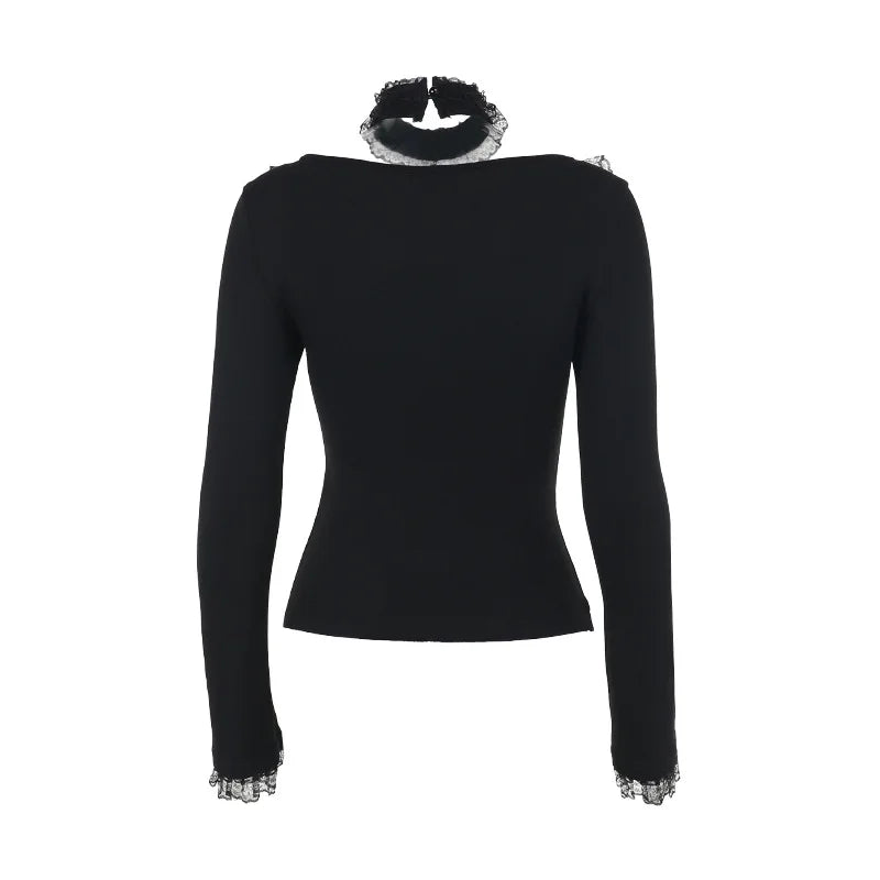 Goth Black Lace Trim Long Sleeve T-Shirts Vintage Sexy