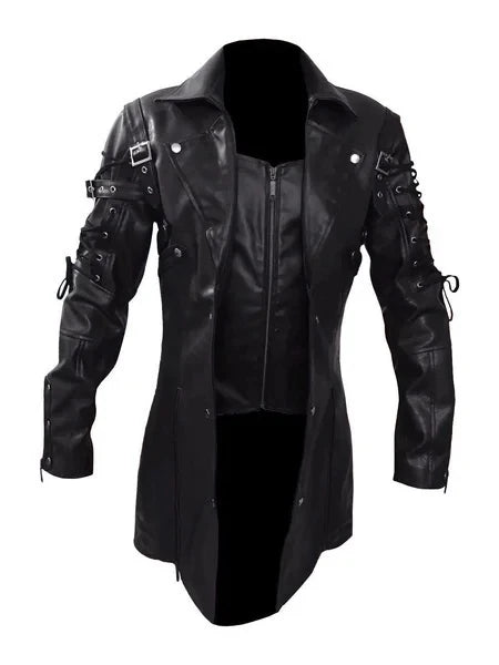 New Steampunk Men's Gothic Trench Coat Leather Jacket