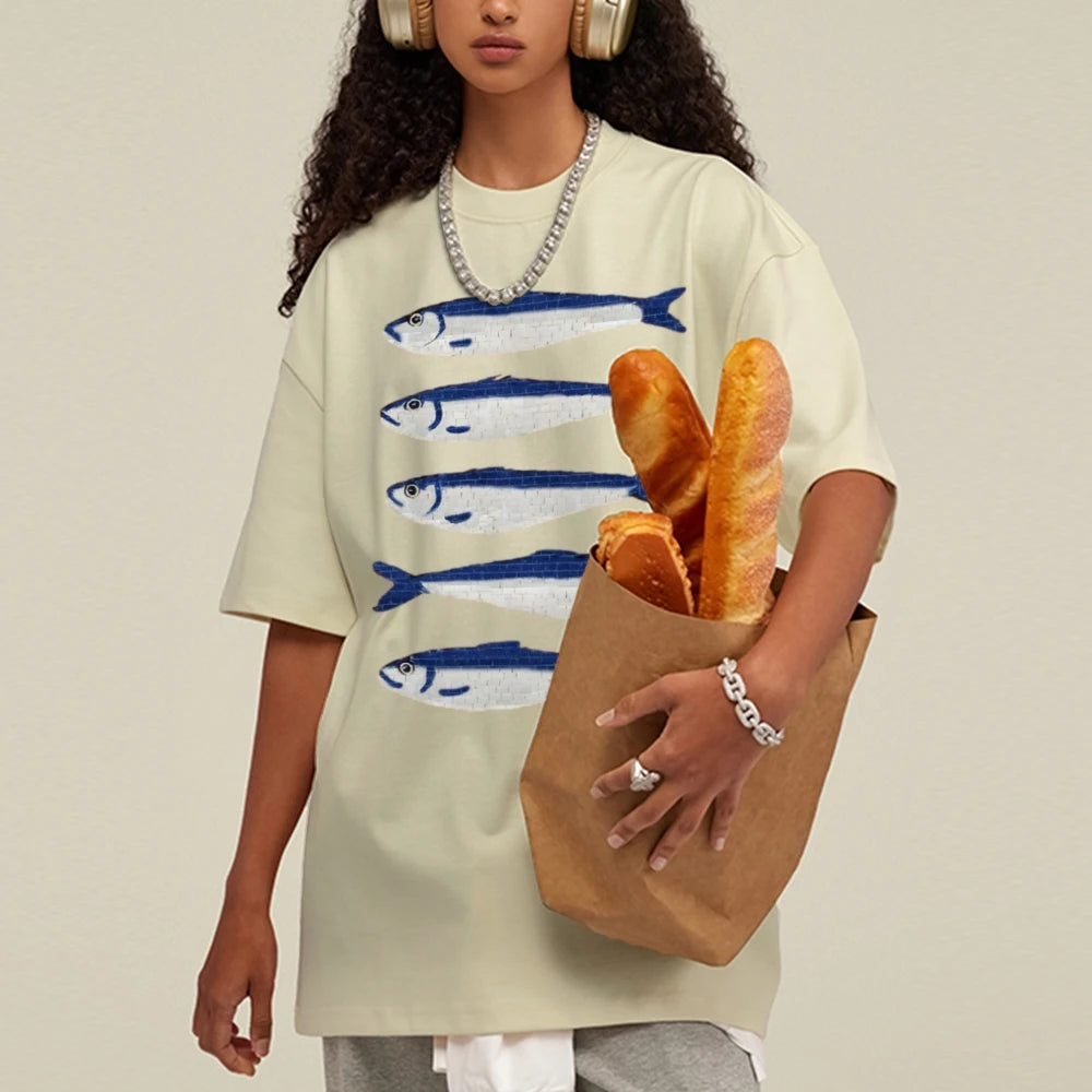 Gojo Cartoon Salted Fish Print Women's Loose T-Shirt Oversized.