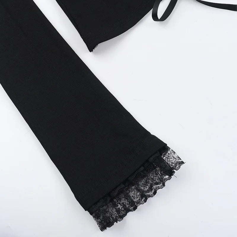 Goth Black Lace Trim Long Sleeve T-Shirts Vintage Sexy.