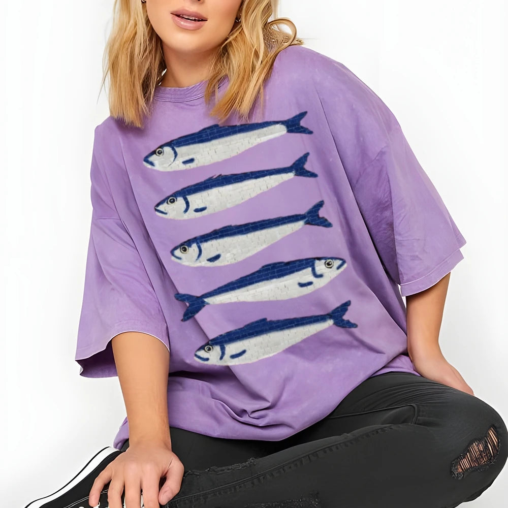 Gojo Cartoon Salted Fish Print Women's Loose T-Shirt Oversized