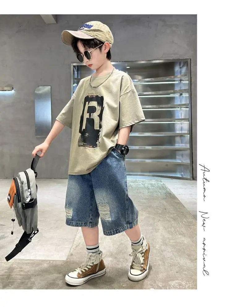 New Boys Fashion Summer 2pcs Cotton T-shirts+Denim Shorts.