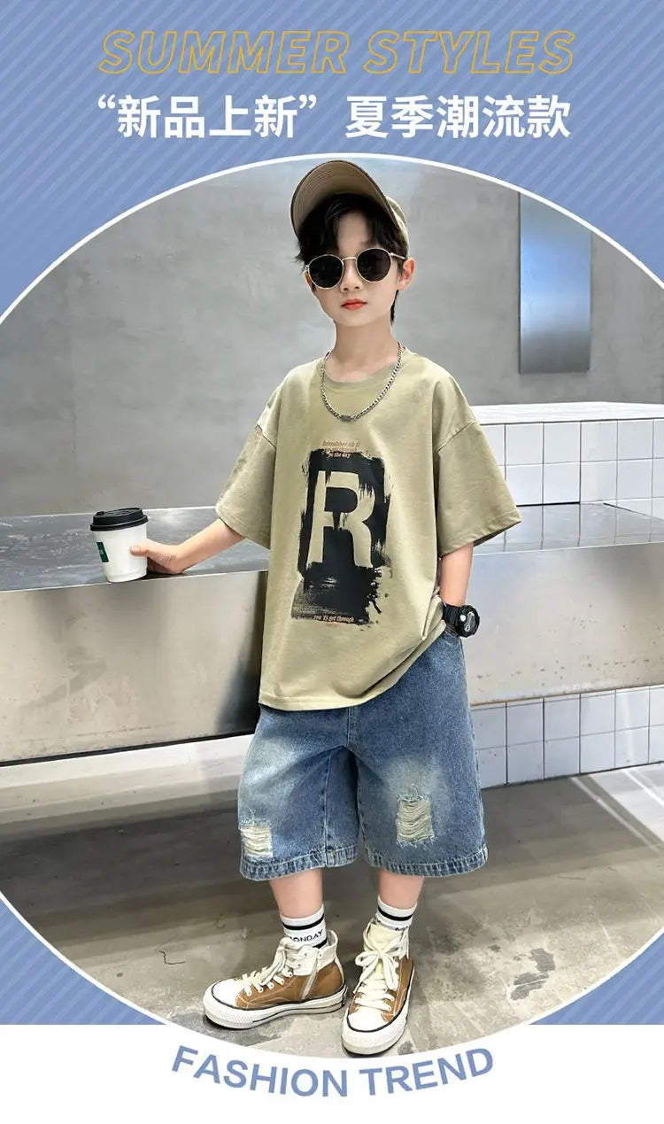 New Boys Fashion Summer 2pcs Cotton T-shirts+Denim Shorts.