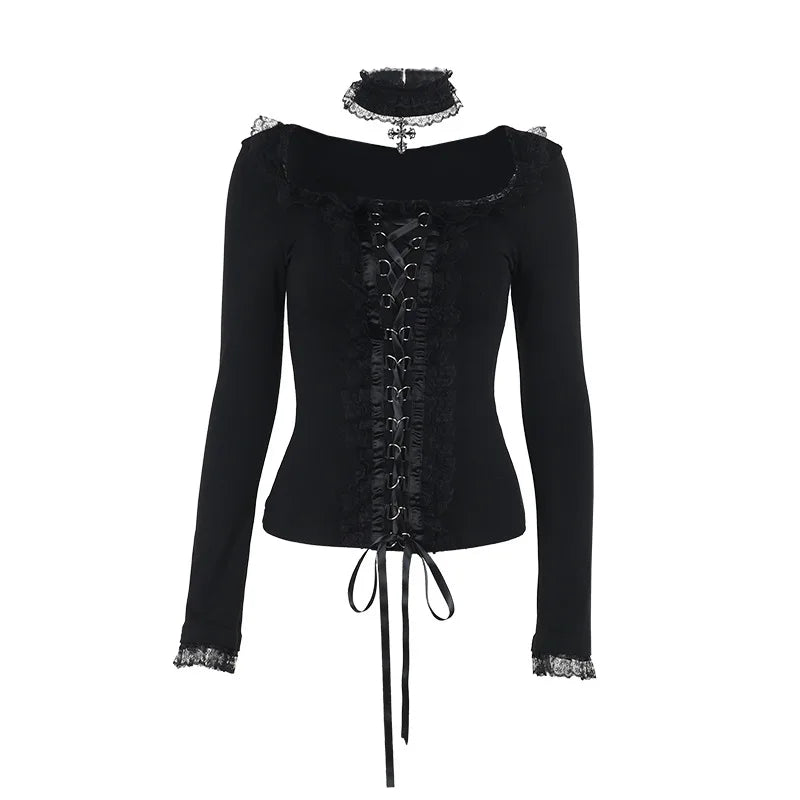 Goth Black Lace Trim Long Sleeve T-Shirts Vintage Sexy.