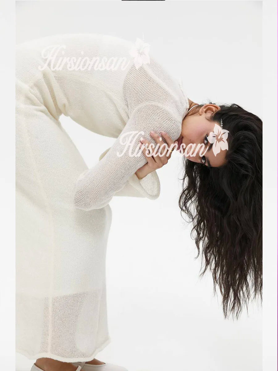 Hirsionsan Spring Autumn O-Neck Elastic Knit Long Dresses Women