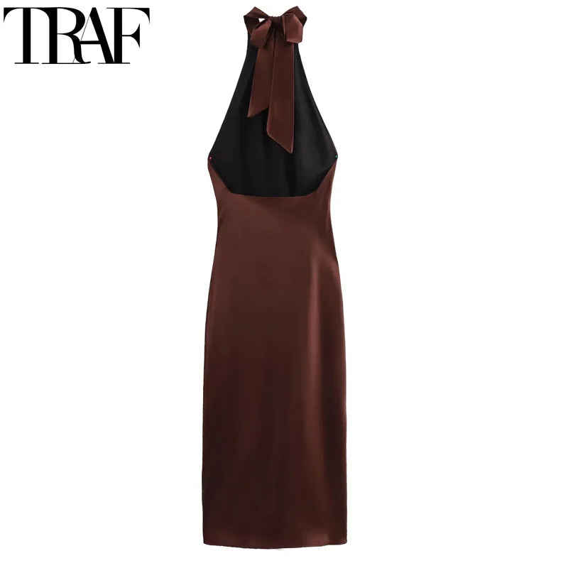 TRAF Halter Satin Long Dress Women.