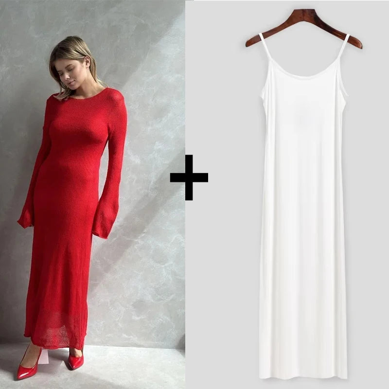 Hirsionsan Spring Autumn O-Neck Elastic Knit Long Dresses Women