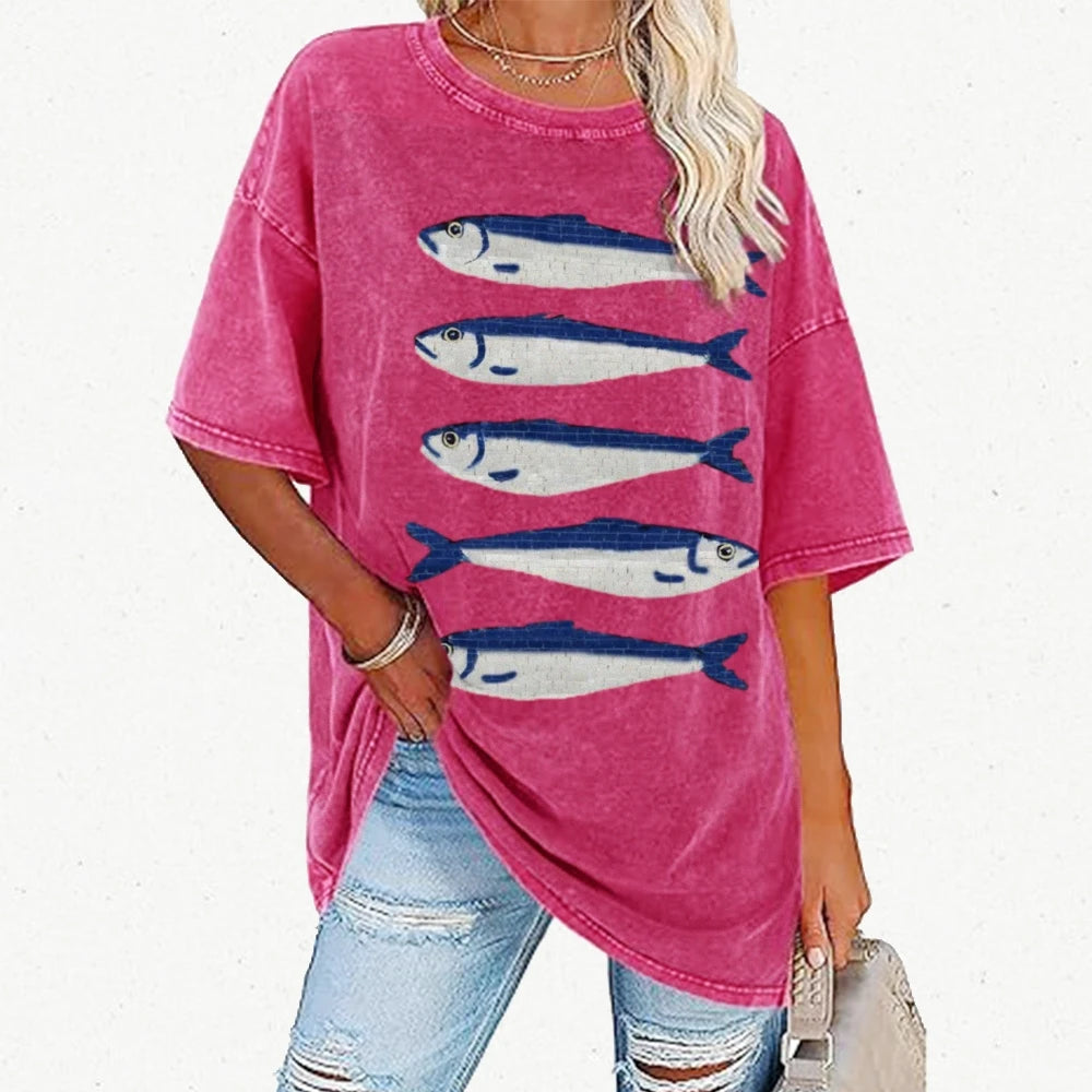 Gojo Cartoon Salted Fish Print Women's Loose T-Shirt Oversized